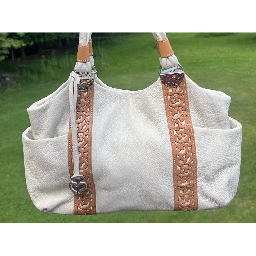 Brighton Callie Mexican Heritage Ivory Leather Shoulder Bag Tote Heart Charm